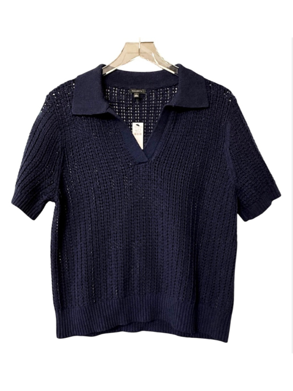 Talbots Navy Pointelle Stitch Polo Sweater L NWT - Picture 3 of 12